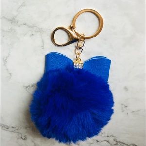 New! Blue Rhinestone Bow Faux Fur Pom Pom Keychain